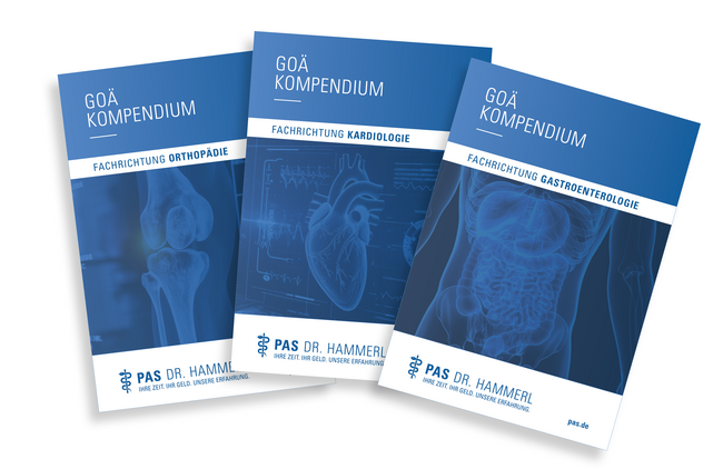 Drei überlappend liegende Broschüren mit blauen anatomischen Grafiken (Gelenk, Herz, Verdauungstrakt).