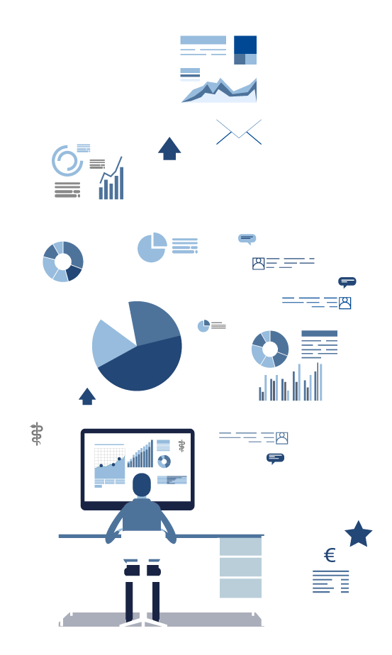 Person am Schreibtisch betrachtet ein Monitor-Dashboard mit Diagrammen. Umgeben von Kreis-, Balken- und Liniendiagrammen, Cloud-Upload- und E-Mail-Symbolen, Sprechblasen, Ordnern, medizinischem Symbol und Euro-Zeichen.