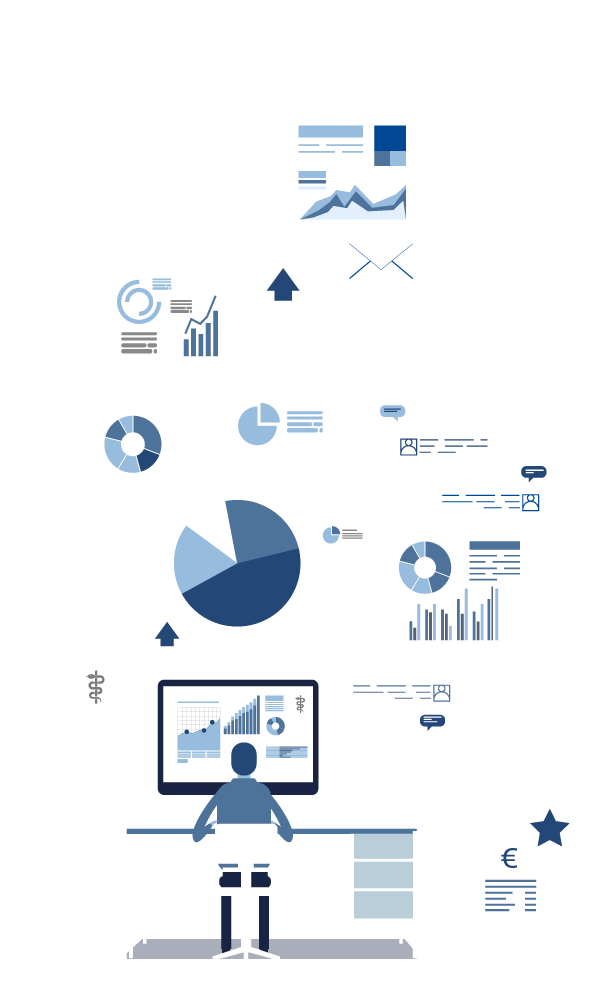 Person am Schreibtisch betrachtet ein Monitor-Dashboard mit Diagrammen. Umgeben von Kreis-, Balken- und Liniendiagrammen, Cloud-Upload- und E-Mail-Symbolen, Sprechblasen, Ordnern, medizinischem Symbol und Euro-Zeichen.