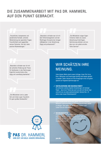 Blaues Infofeld mit Überschrift: WIR SCHÄTZEN IHRE MEINUNG.; fordert zur Umfrageteilnahme auf; Abschnittsüberschriften: DIGITALISIERUNG UND NACHHALTIGKEIT; RECHNUNGSKOPIE; unten Hände mit Smiley-Icon; links graue Kundenstimmen-Zitate; Website: pvs.de.