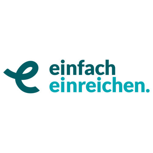 Logo mit großem, geschwungenem, stilisiertem e links; rechts zweizeilig der Text: „einfach einreichen.“ in petrolfarbener, fett gesetzter Kleinbuchstaben-Sans-Serif; freigestellt auf transparentem Hintergrund ohne weitere Elemente.