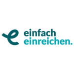 Logo mit großem, geschwungenem, stilisiertem e links; rechts zweizeilig der Text: „einfach einreichen.“ in petrolfarbener, fett gesetzter Kleinbuchstaben-Sans-Serif; freigestellt auf transparentem Hintergrund ohne weitere Elemente.