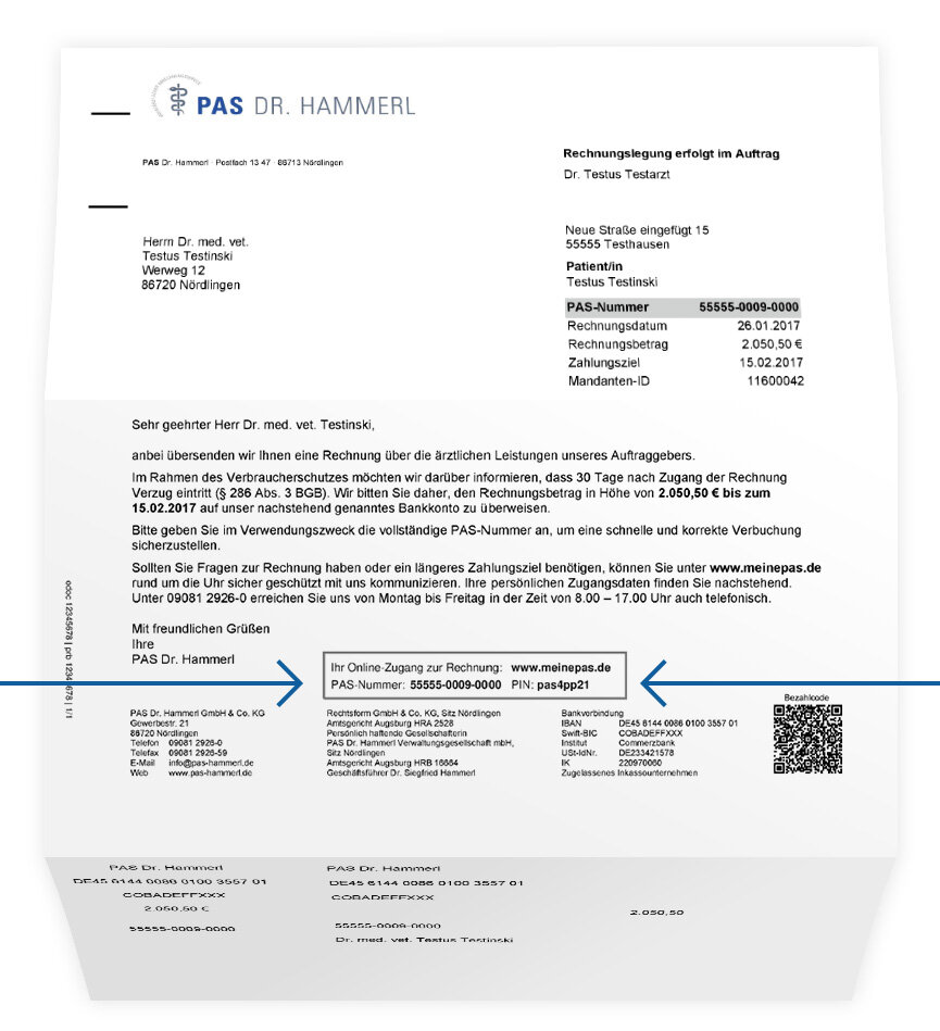 Beispiel eines Rechnungsdokuments mit einer Markierung des Bereichs in dem die Zugangsdaten stehen.