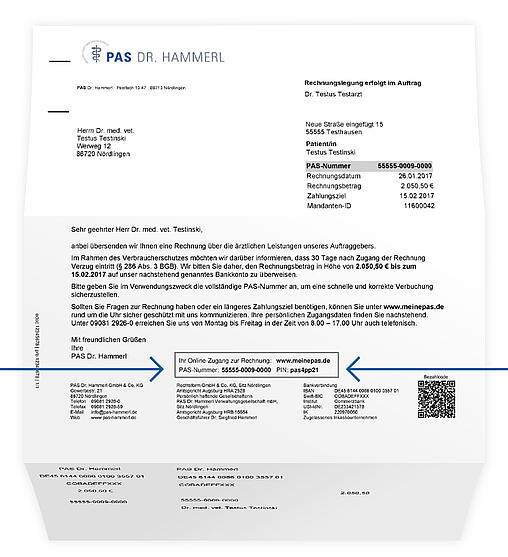 Beispiel eines Rechnungsdokuments mit einer Markierung des Bereichs in dem die Zugangsdaten stehen.