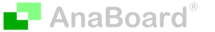 Wortmarke „AnaBoard®“ neben grünem Icon aus zwei überlappenden Quadraten; graue serifenlose Schrift; minimalistisches Logodesign auf transparentem Hintergrund.