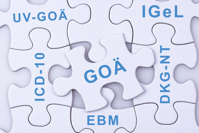 Puzzleteile mit den Begriffen GOÄ, ICD-10, UV-GOÄ, IGeL, DKG-NT und EBM als Symbol für die neue Gebührenordnung für Ärzte