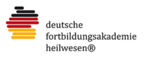 Abstraktes Logo mit horizontal gestapelten, abgerundeten Balken in Schwarz, Rot und Gelb links; rechts daneben der Schriftzug: deutsche fortbildungsakademie heilwesen®. 
