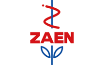 Logo mit rotem Schriftzug "ZAEN"; darüber rote, spiralige Linie entlang eines senkrechten blauen Strichs, darunter zwei blaue, blattartige Formen; zentriert auf weißem Hintergrund.